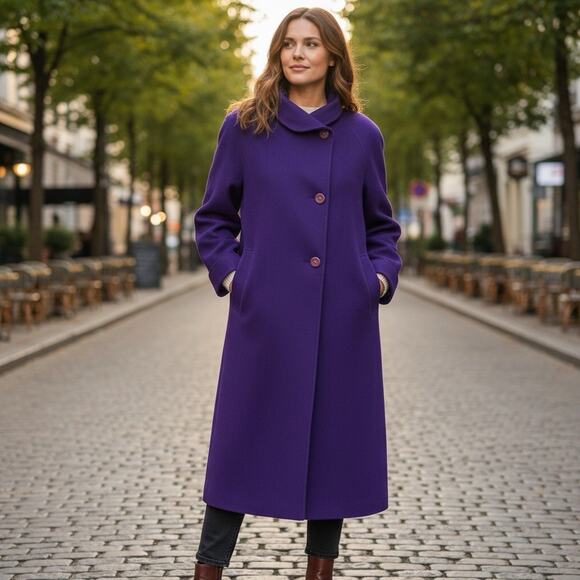 VTG Womens Purple Overcoat Wool Long Winter Trench Large Preppy Old Money ILGWU - Picture 1 of 14